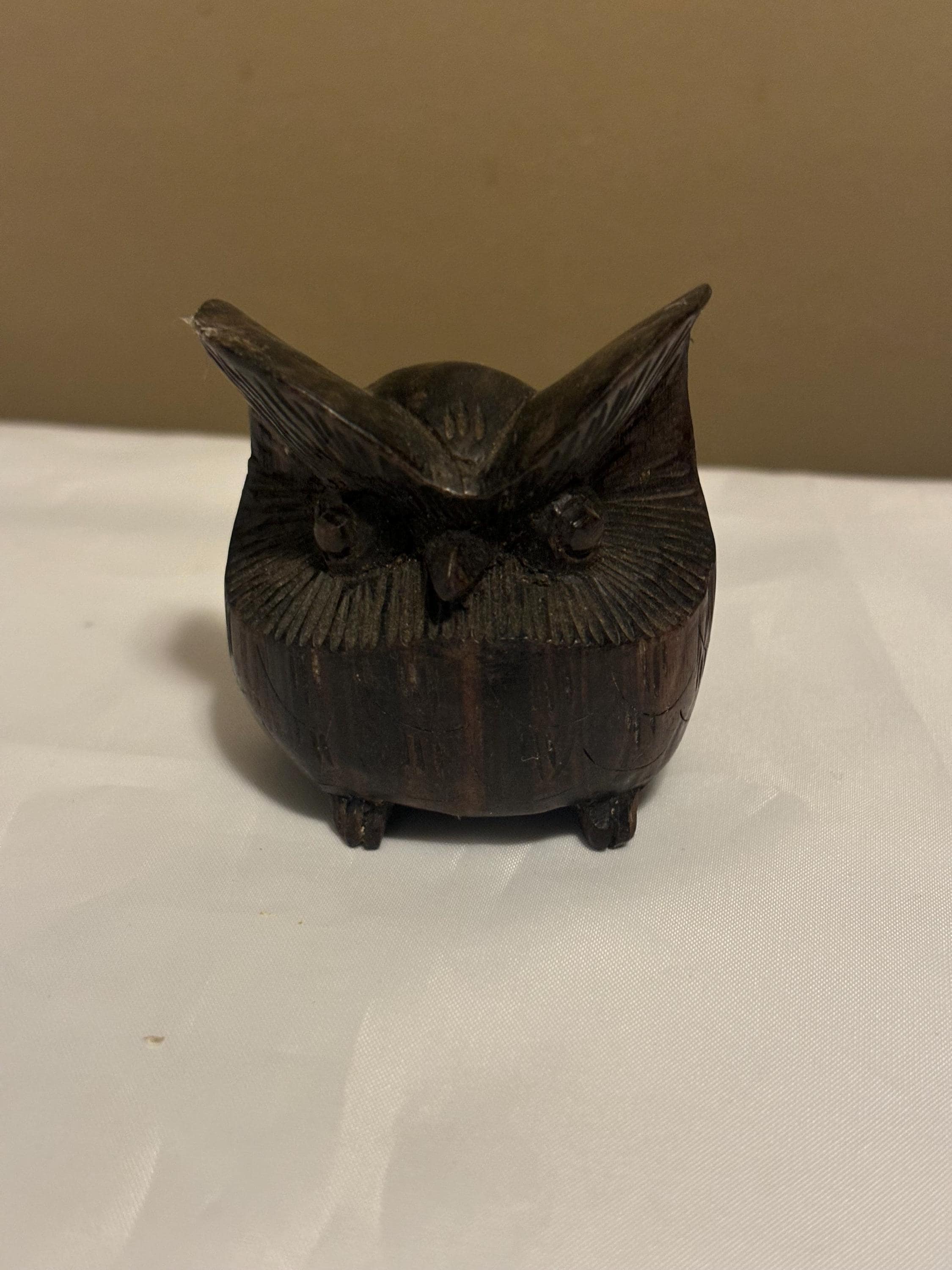 Dark Wood Carved Small Owl Figurine