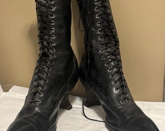 Antique 1900’s Krohn Fechheimer Co Red Cross Nurses Noiseless Black Leather Lace Up Louis Heels Boots