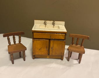 Vintage Doll House Miniture Funiture Kitchen Sink & 2 Chairs