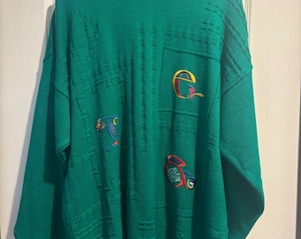 Vintage Emerald Isle Embroidered Green Knit Sweater Mens Xl Made In Ireland