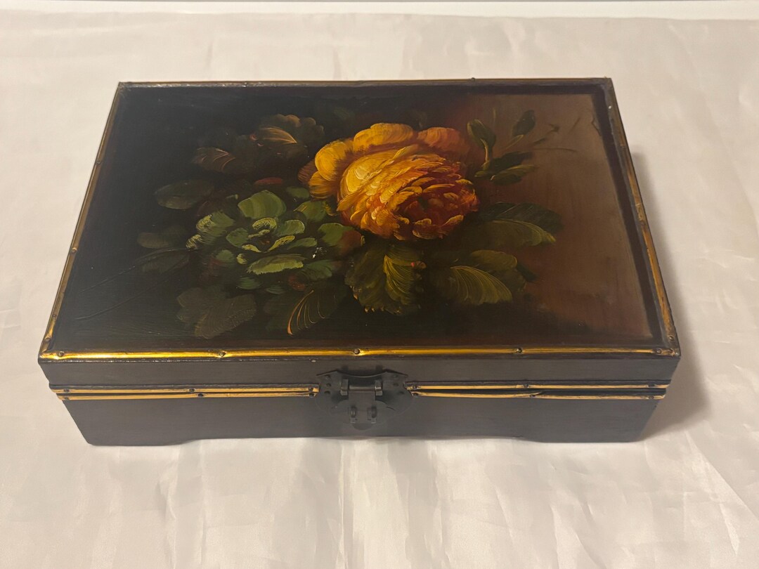 Vintage Hand Painted Rose Floral Laquered Wood Jewelry Dressed Box - Etsy