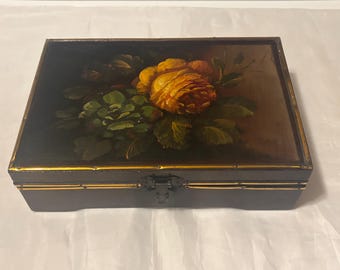 Vintage Hand Painted Rose Floral Laquered Wood Jewelry Dressed Box
