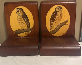 Vintage 70’s Decoupage Perched Owls Wooden Bookend Pair