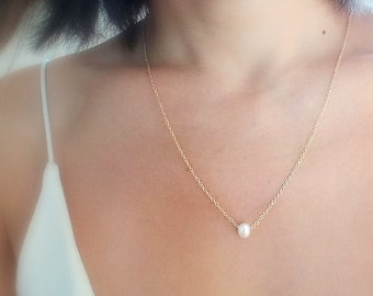 Single Pearl Necklace - Floating Pearl Necklace - Pearl Gold Necklace - Everyday Dainty Necklace - Silver and Pearl - Rose Gold and Pearl