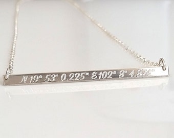 Sterling Silver Coordinate Necklace - Latitude Longitude Bar Necklace - GPS Necklace - Skinny Bar Necklace - Custom Engraved Necklace