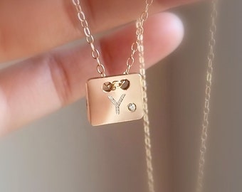 Tiny Gold Charm Initial Necklace - Gold Diamond Pendant - Square Charm - Simple Gold Pendant Necklace - Initial Necklace