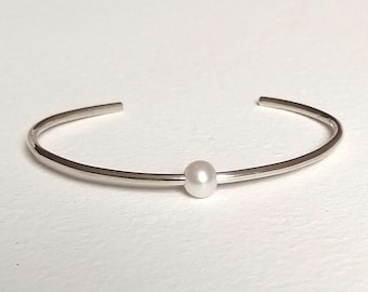 Floating Pearl Cuff Bangle - Pearl Bangle - Silver Pearl Bracelet - Everyday Silver Bracelet - Single Pearl Bracelet - Wedding Pearl Jewelry