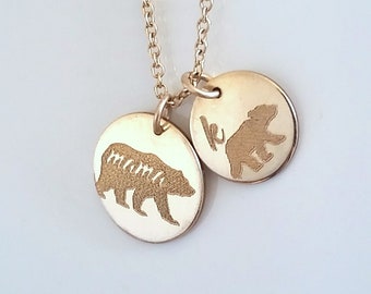 Mama Bear Initial Necklace: Gold Filled Mommy & Baby Bear Disc