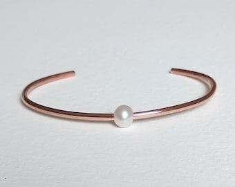 Floating Pearl Cuff Bracelet - Pearl Bangle - Rose Gold Pearl Bracelet - Everyday Bracelet - Single Pearl Bracelet - Wedding Pearl Bracelet