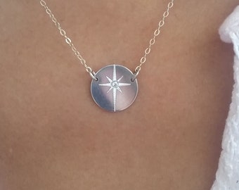 Silver Starburst Diamond Necklace - Star Pendant Necklace - Northstar Necklace - Diamond Disc Necklace - Diamond Layering - Silver Circle