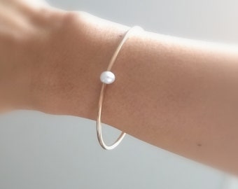 Floating Pearl Cuff Bracelet - Pearl Bangle - Gold Pearl Bracelet - Everyday Gold Bracelet - Single Pearl Bracelet - Wedding Pearl Bracelet