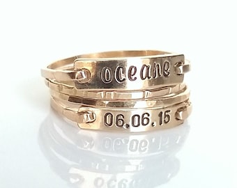 Name and Date Ring Set - Personalized Gold Stackable Rings - Personalized Stacking Ring Set - Custom Gold Rings - Hammered and Smooth Rings