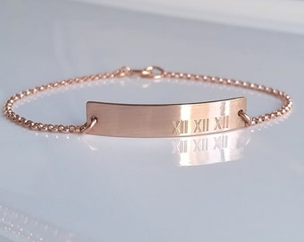 Rose Gold Roman Numeral Bracelet - Bar Bracelet - Personalized Nameplate Bracelet - Custom Engraved - Rose Gold Bracelet - Minimalist Gold