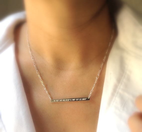 Skinny Sterling Silver Coordinate Necklace Latitude Longitude Bar Necklace Custom Engraved GPS Coordinate Necklace Bar Necklace