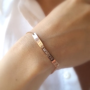 Roman Numeral Bracelet with Hidden Message - Rose Gold Bar Bracelet - Personalized Date Bracelet - Custom Engraved Bracelet