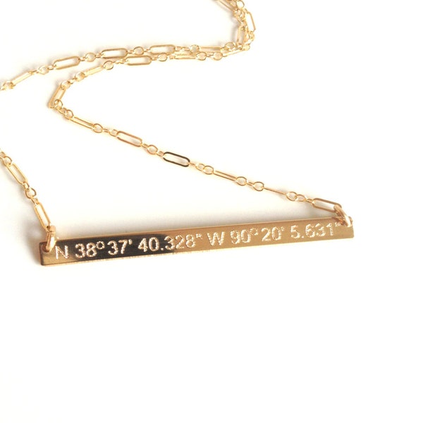 Skinny Gold Coordinate Necklace - Latitude Longitude Gold Bar Necklace - Custom Engraved Nameplate Necklace - GPS Coordinates - Personalized