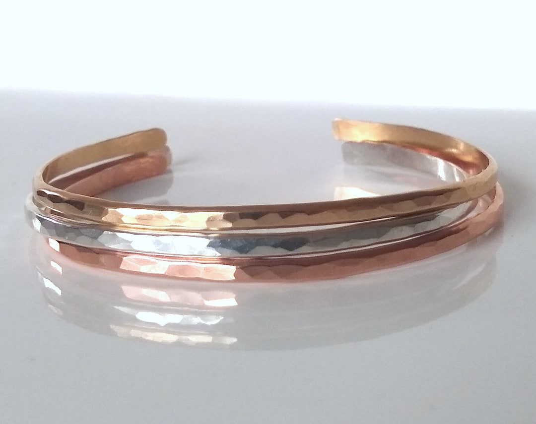 Hammered Cuff Bracelets Mixed Metal Bracelet Set Gold Rose Etsy