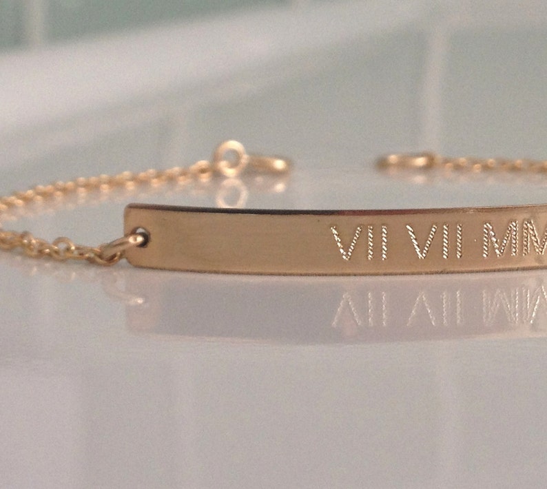 Roman Numeral Bracelet Personalized Gold Bar Bracelet Date Bracelet Nameplate Bracelet Save The Date Custom Engraved Bracelet image 3