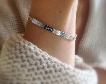 Sterling Silver Coordinates Bracelet: Engraved Latitude Longitude Bar