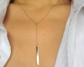 Gold Bar Lariat Necklace - Simple Gold Y Necklace - Drop Bar Pendant Necklace - Gold Bar Necklace - Minimalist Bar Necklace