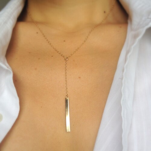 Gold Bar Lariat Necklace Simple Gold Y Necklace Drop Bar Etsy