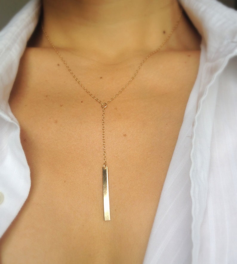 Gold Bar Lariat Necklace Simple Gold Y Necklace Drop Bar Pendant Necklace Gold Bar Necklace Minimalist Bar Necklace image 1