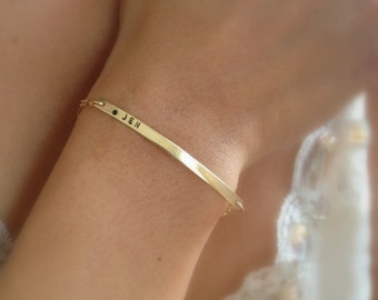 Personalized Gold Bar Bracelet: 14k Gold-Fill Nameplate with Birthstone