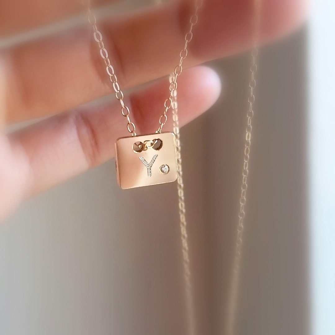 Tiny Gold Charm Initial Necklace Gold Diamond Pendant Square Charm Simple Gold Pendant Necklace ...