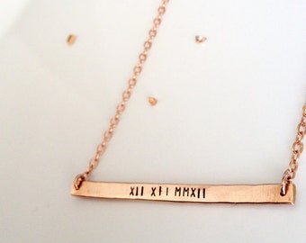 Roman Numeral Date Necklace - Rose Gold Bar Necklace - Personalized Bar Necklace - Save the Date - Custom Stamped Date