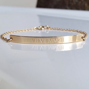 Roman Numeral Bracelet Personalized Gold Bar Bracelet Date Bracelet Nameplate Bracelet Save The Date Custom Engraved Bracelet image 2