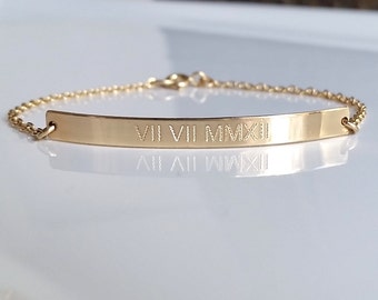 Roman Numeral Bracelet - Gold Bar Bracelet - Personalized Nameplate Bracelet - Date Bracelet - Custom Engraved Bracelet