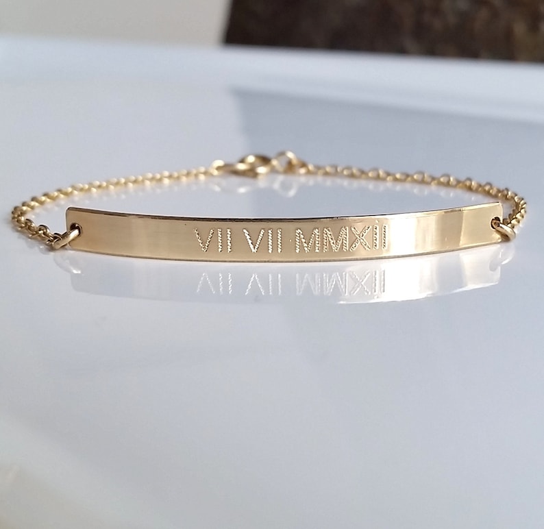 Roman Numeral Bracelet Personalized Gold Bar Bracelet Date Bracelet Nameplate Bracelet Save The Date Custom Engraved Bracelet image 2