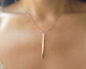 Bar Necklace - Rose Gold Filled - Vertical Bar Pendant - Hammered Gold Bar Necklace - Minimalist Gold Jewelry - Line Drop Pendant