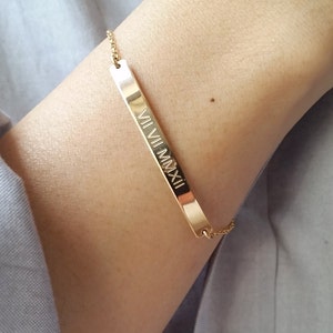 Roman Numeral Bracelet Personalized Gold Bar Bracelet Date Bracelet Nameplate Bracelet Save The Date Custom Engraved Bracelet image 1