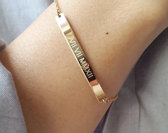 Roman Numeral Bracelet - Personalized Gold Bar Bracelet - Date Bracelet - Nameplate Bracelet - Save The Date - Custom Engraved Bracelet