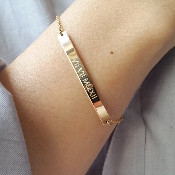 Bracelet chiffres romains - Bracelet lingot d'or personnalisé - Bracelet date - Bracelet plaque signalétique - Retenez la date - Bracelet gravé personnalisé