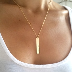 Personalized Gold Bar Necklace: Roman Numeral Date, Vertical Nameplate
