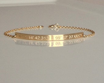 14k Gold Fill Coordinates Bracelet: Engraved Latitude Longitude Bar