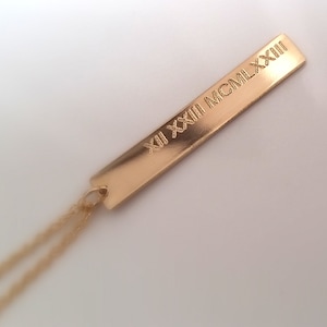 Roman Numeral Necklace - Gold Nameplate Necklace - Personalized Gold Bar Necklace - Long Bar Necklace - Vertical Bar - Save The Date