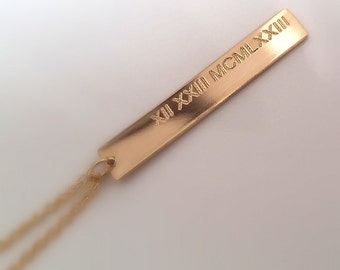 Roman Numeral Necklace - Gold Nameplate Necklace - Personalized Gold Bar Necklace - Long Bar Necklace - Vertical Bar - Save The Date