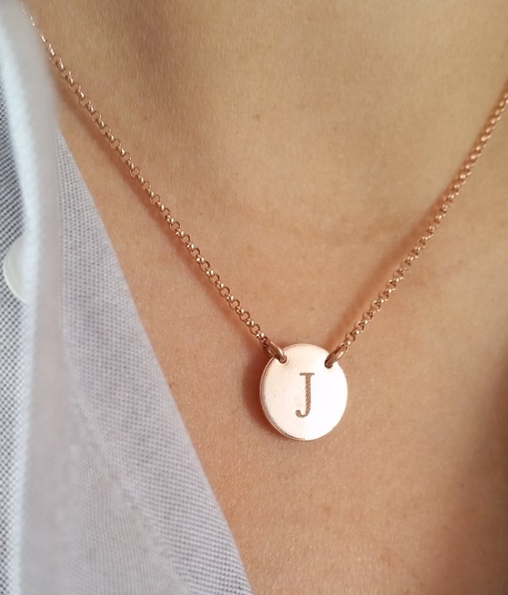 Small Rose Gold Initial Necklace Initial Disc Charm Rose Gold
