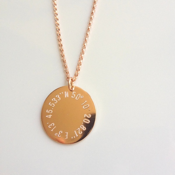 Rose Gold Coordinate Necklace - Round Gold Pendant - Latitude Longitude Necklace - Personalized Gold Necklace - Pink Gold