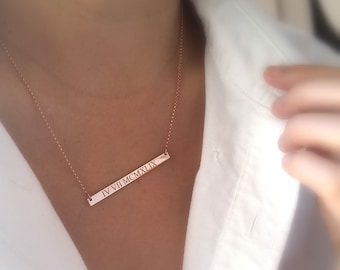 Roman Numeral Necklace - Rose Gold Bar Necklace - Gold Nameplate Necklace - Personalized Necklace - Custom Engraved Bar Necklace
