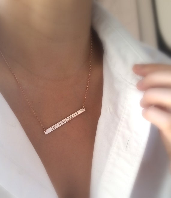 Rose Gold Roman Numeral Bar Necklace