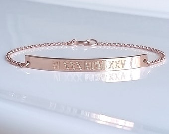 Roman Numeral Bracelet - Rose Gold Bar Bracelet - Nameplate Bracelet - Personalized Bracelet - Custom Engraved Bracelet - Date Bracelet