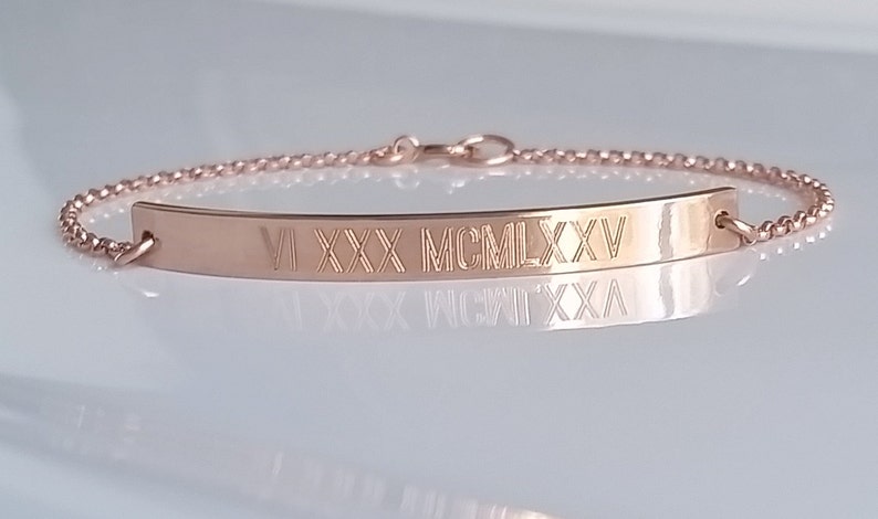 Roman Numeral Bracelet with Hidden Message Rose Gold Bar Bracelet Personalized Date Bracelet Custom Engraved Bracelet image 2