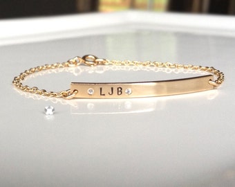 Nameplate Bracelet - Personalized Gold Bar Bracelet  - Tiny Diamond Name Bar Bracelet - Skinny Bar - Custom Stamped - Gold ID Bracelet