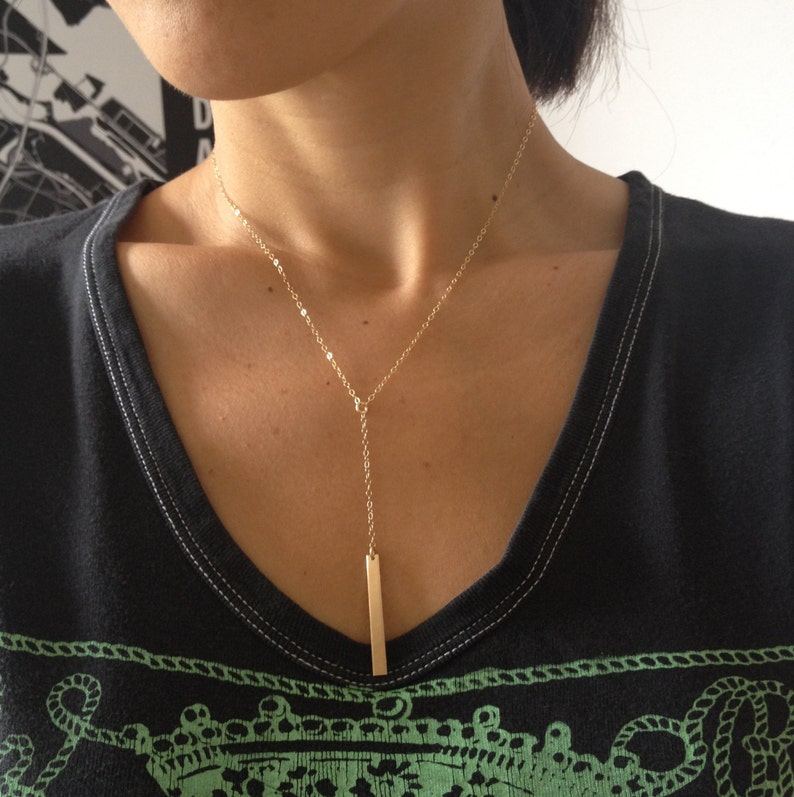 Gold Bar Lariat Necklace Simple Gold Y Necklace Drop Bar Pendant Necklace Gold Bar Necklace Minimalist Bar Necklace image 4