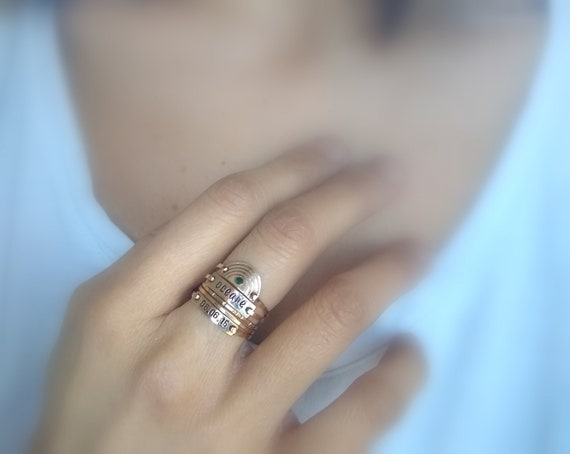 Name and Date Gold Stackable Ring Set with Birthstone