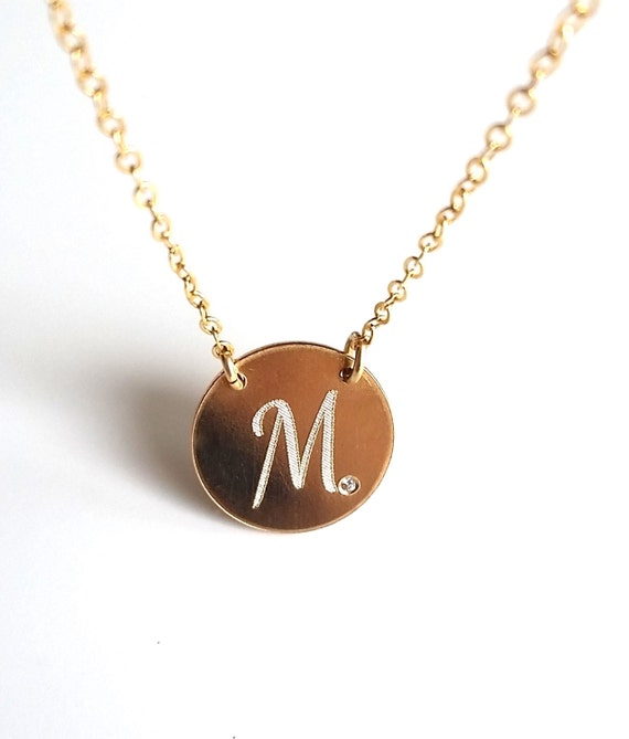 Gold Initial Necklace Initial Diamond Disc Pendant Custom Etsy